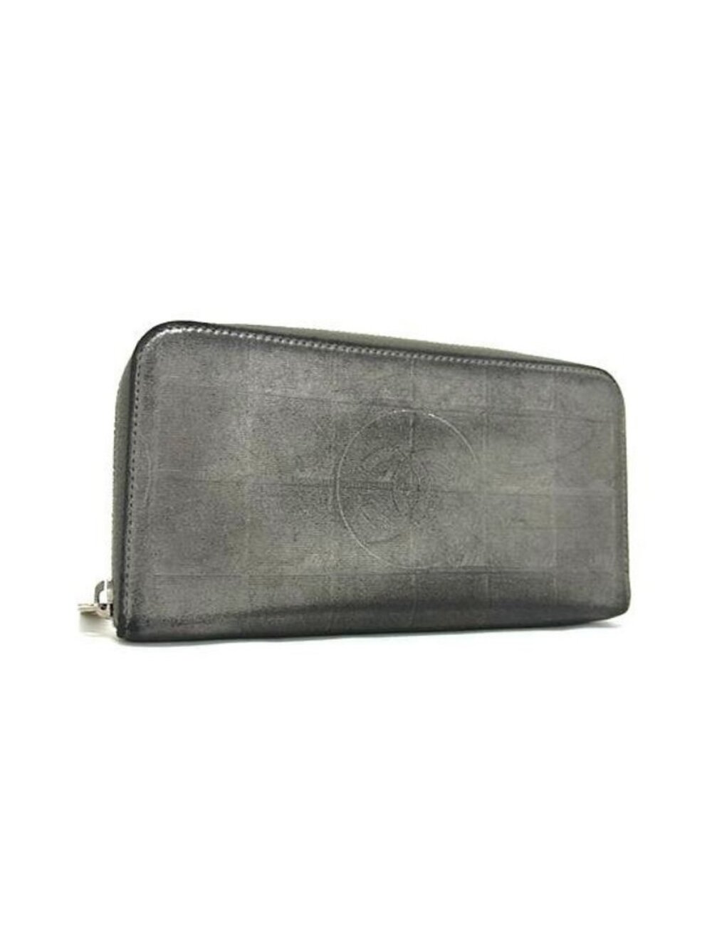 Chanel Wallet New Travel Line Gray Leather Coco Mark Silver Hardware